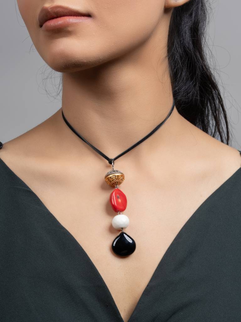 Red Black White Coral Jade Sleek Necklace With Adjustable Suede Cord : LAANP189