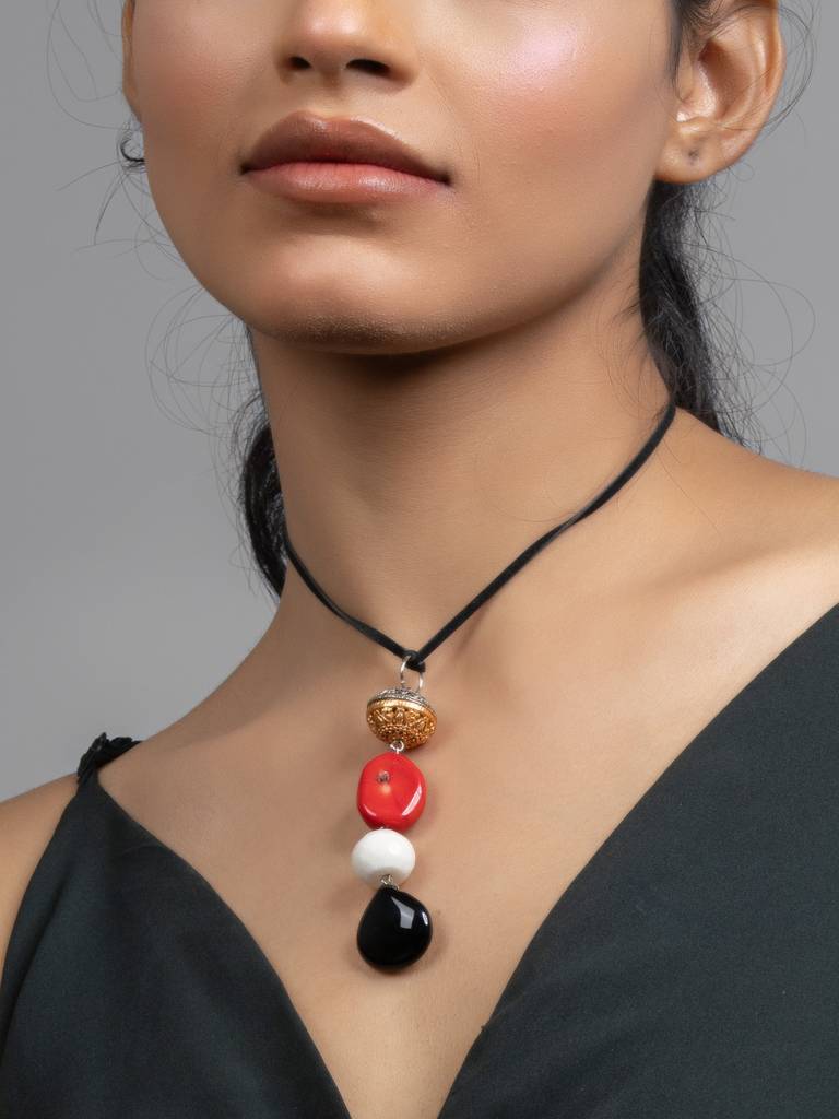 Red Black White Coral Jade Sleek Necklace With Adjustable Suede Cord : LAANP189