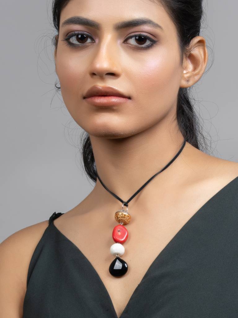 Red Black White Coral Jade Sleek Necklace With Adjustable Suede Cord : LAANP189