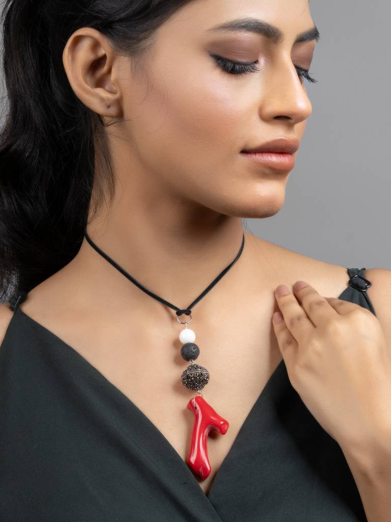 Red Black White Coral Lava  Mother Of Pearl Sleek Necklace With Adjustable Suede Cord : LAANP199