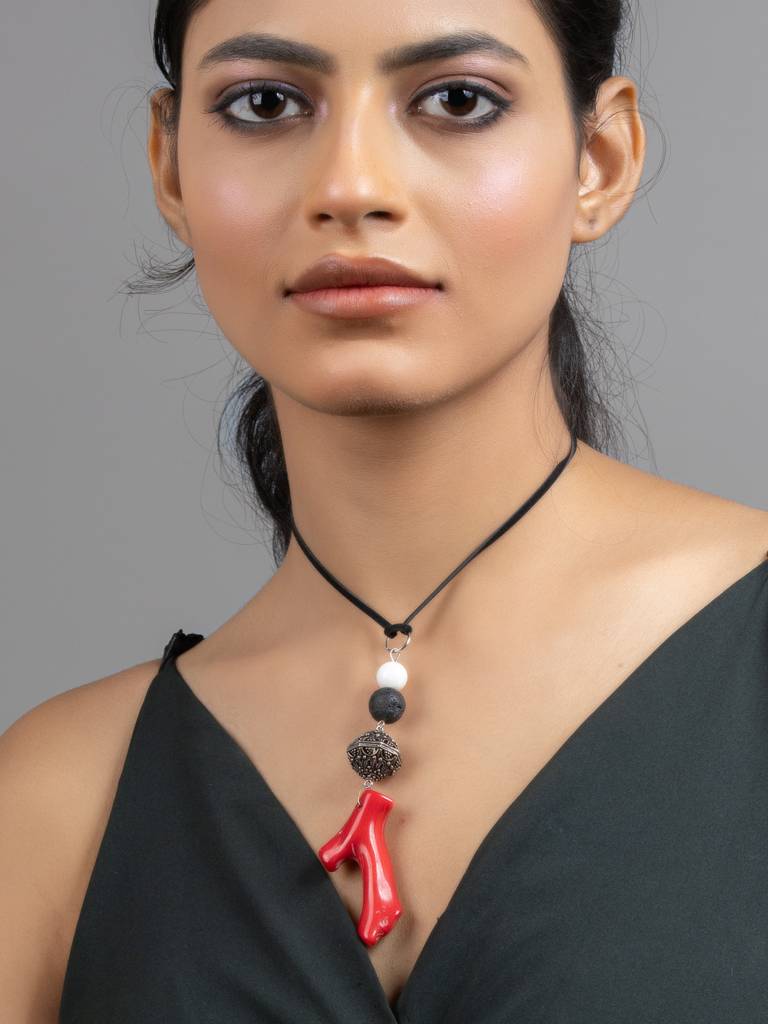 Red Black White Coral Lava  Mother Of Pearl Sleek Necklace With Adjustable Suede Cord : LAANP199