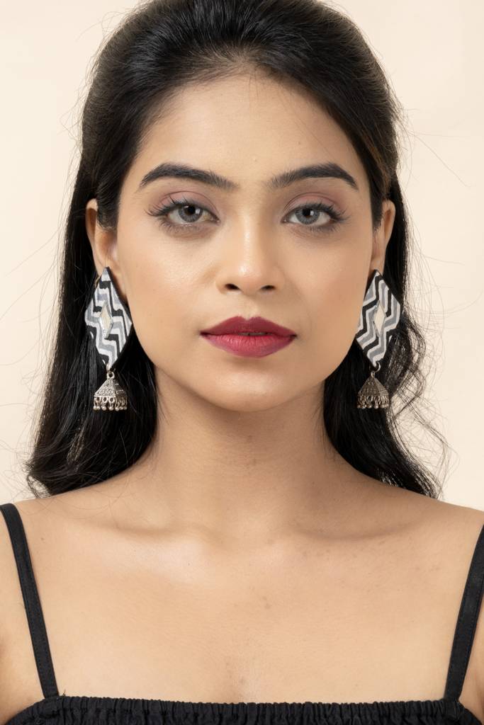Handmade Gray Black Zigzag Cotton Fabric Stud With German Silver Jhumka Earrings : LAAER600