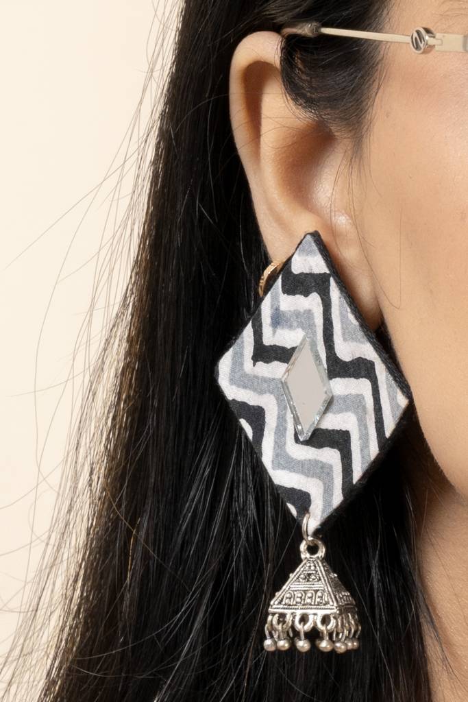 Handmade Gray Black Zigzag Cotton Fabric Stud With German Silver Jhumka Earrings : LAAER600