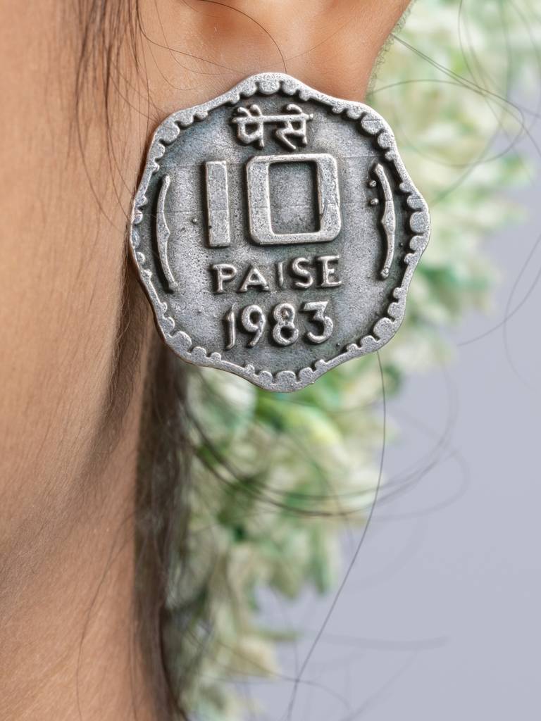 Oxidized Silver Ten Paise Stud Earring : LAAER736