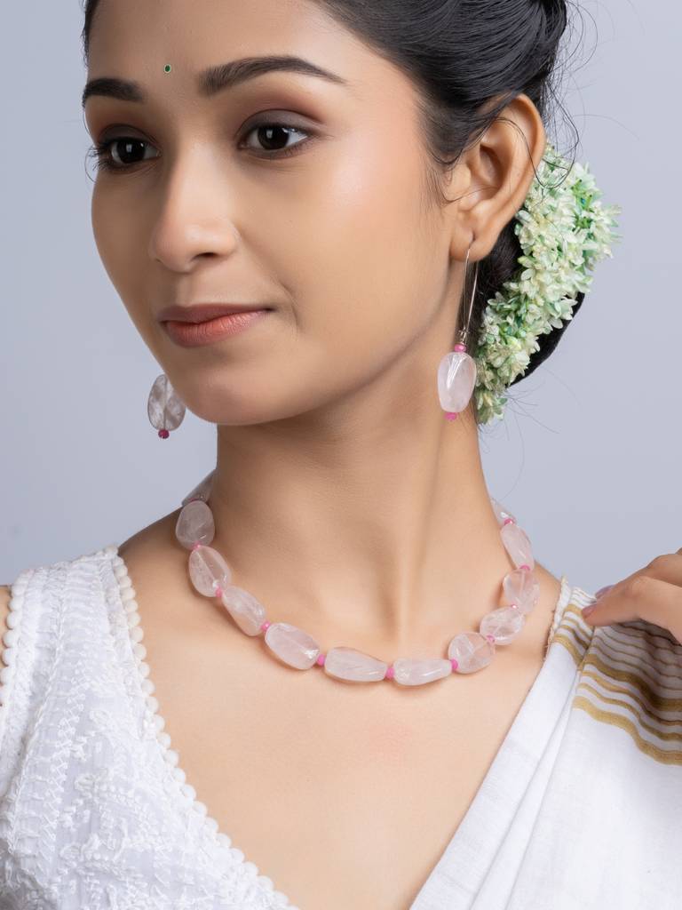 Semi Precious Pink Rose Quartz Jade Necklace Set : LAANP254