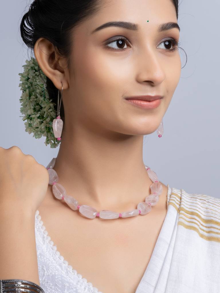 Semi Precious Pink Rose Quartz Jade Necklace Set : LAANP254