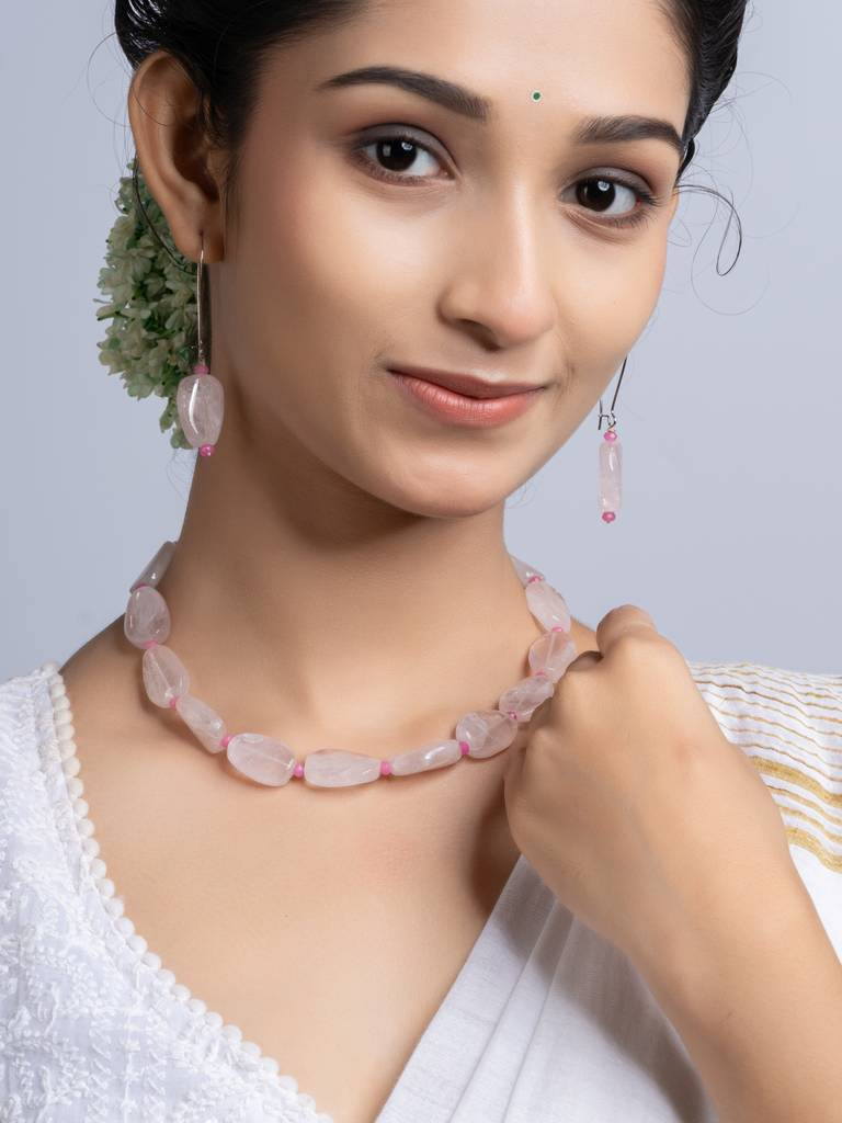Semi Precious Pink Rose Quartz Jade Necklace Set : LAANP254