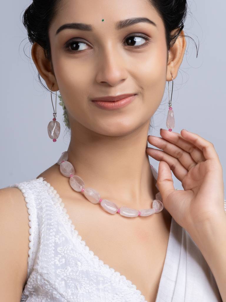 Semi Precious Pink Rose Quartz Jade Necklace Set : LAANP254