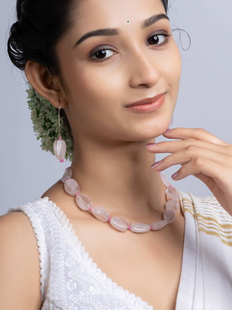 Semi Precious Pink Rose Quartz Jade Necklace Set : LAANP254