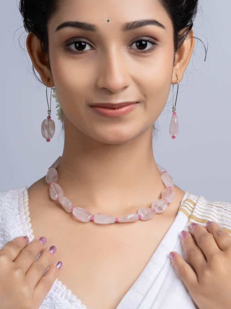 Semi Precious Pink Rose Quartz Jade Necklace Set : LAANP254