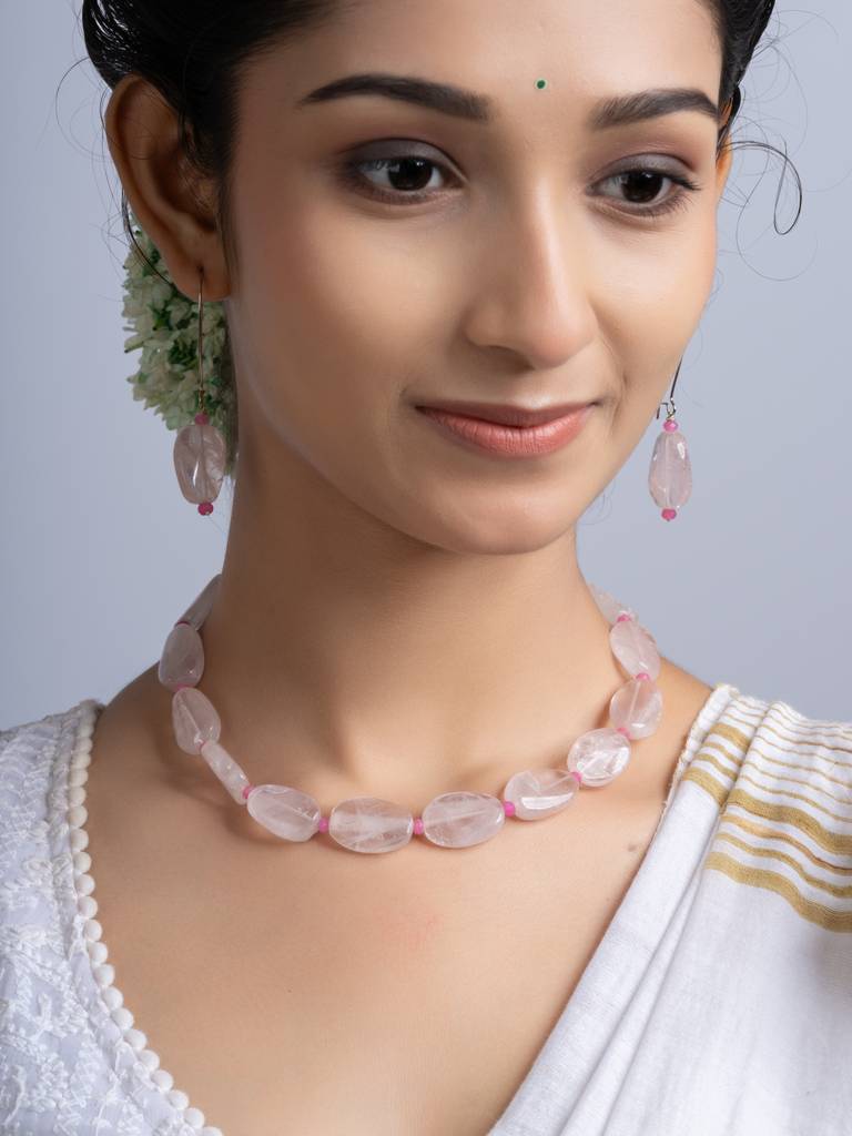 Semi Precious Pink Rose Quartz Jade Necklace Set : LAANP254