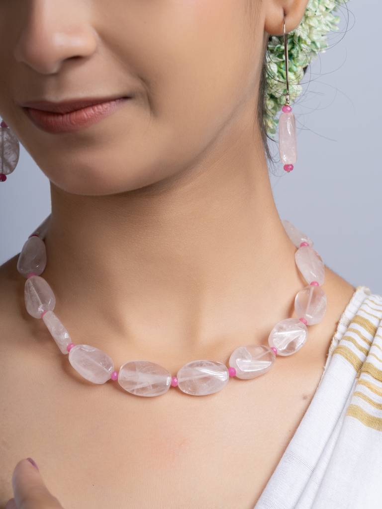Semi Precious Pink Rose Quartz Jade Necklace Set : LAANP254