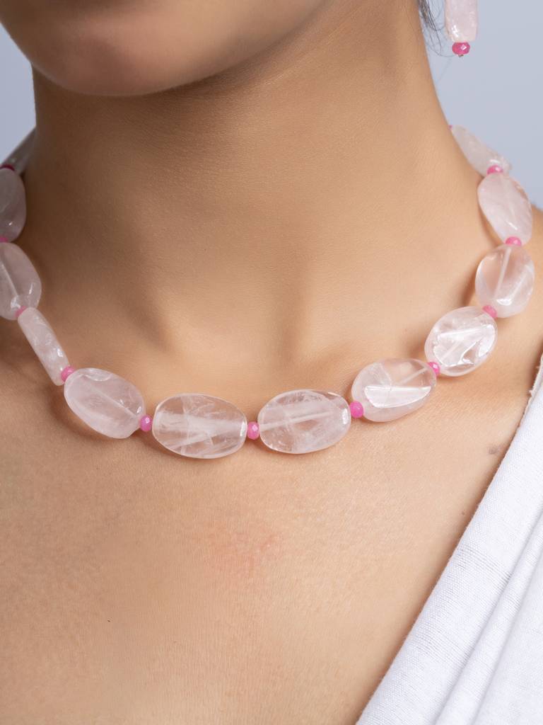 Semi Precious Pink Rose Quartz Jade Necklace Set : LAANP254
