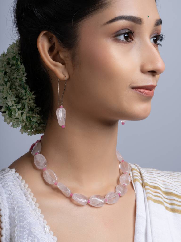 Semi Precious Pink Rose Quartz Jade Necklace Set : LAANP254