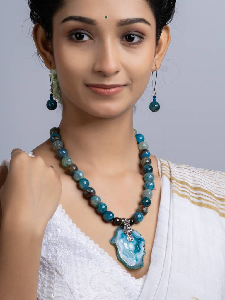 Semi Precious Peacock Blue Agate Quartz Necklace Set : LAANP255