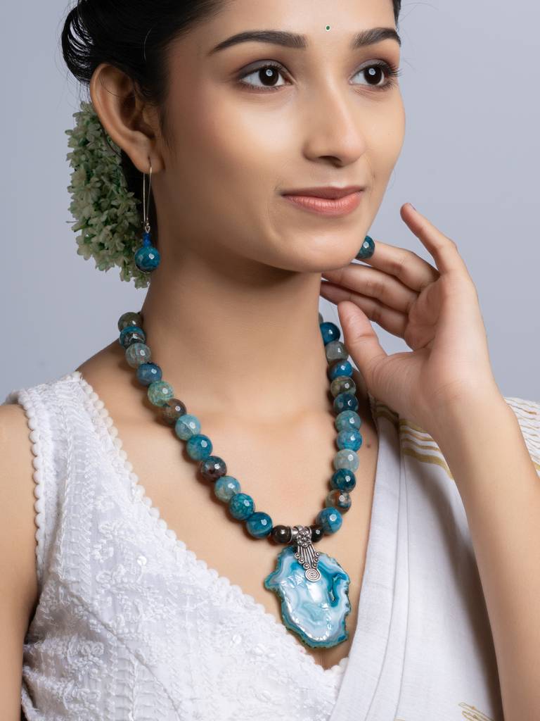Semi Precious Peacock Blue Agate Quartz Necklace Set : LAANP255