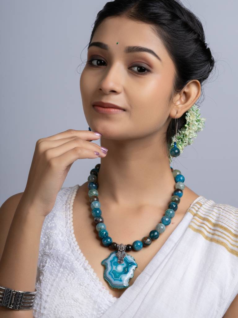 Semi Precious Peacock Blue Agate Quartz Necklace Set : LAANP255