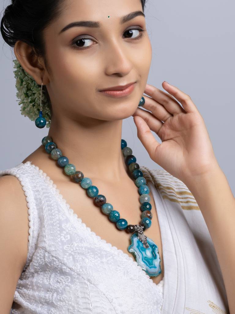 Semi Precious Peacock Blue Agate Quartz Necklace Set : LAANP255