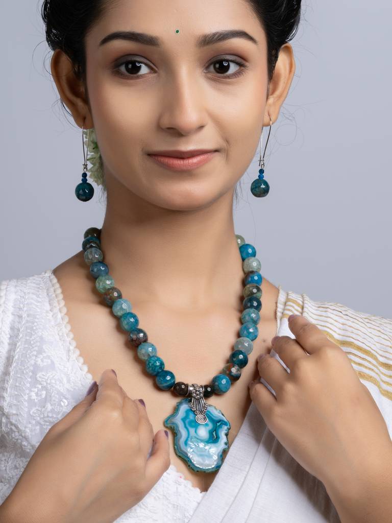 Semi Precious Peacock Blue Agate Quartz Necklace Set : LAANP255