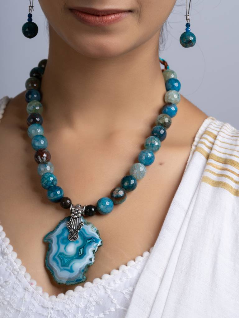 Semi Precious Peacock Blue Agate Quartz Necklace Set : LAANP255