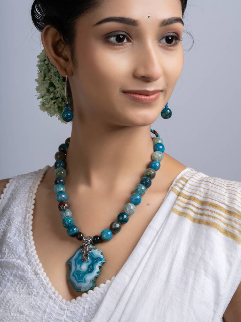 Semi Precious Peacock Blue Agate Quartz Necklace Set : LAANP255