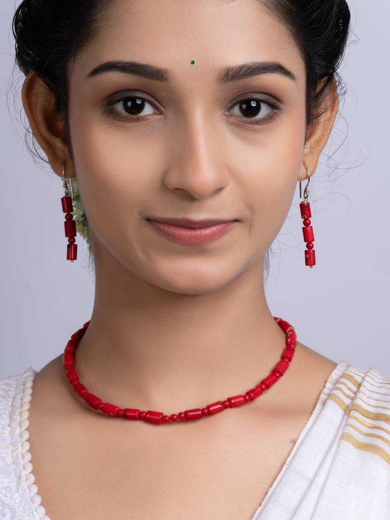 Semi Precious Red Coral Necklace Set : LAANP257