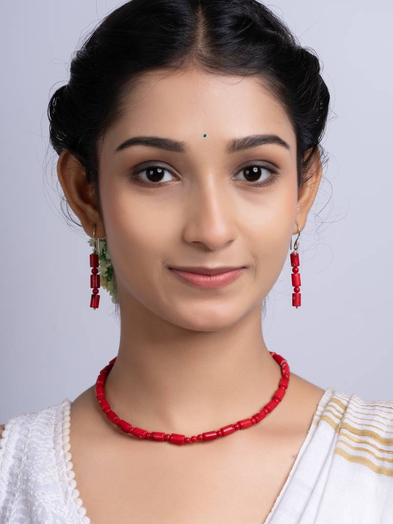 Semi Precious Red Coral Necklace Set : LAANP257