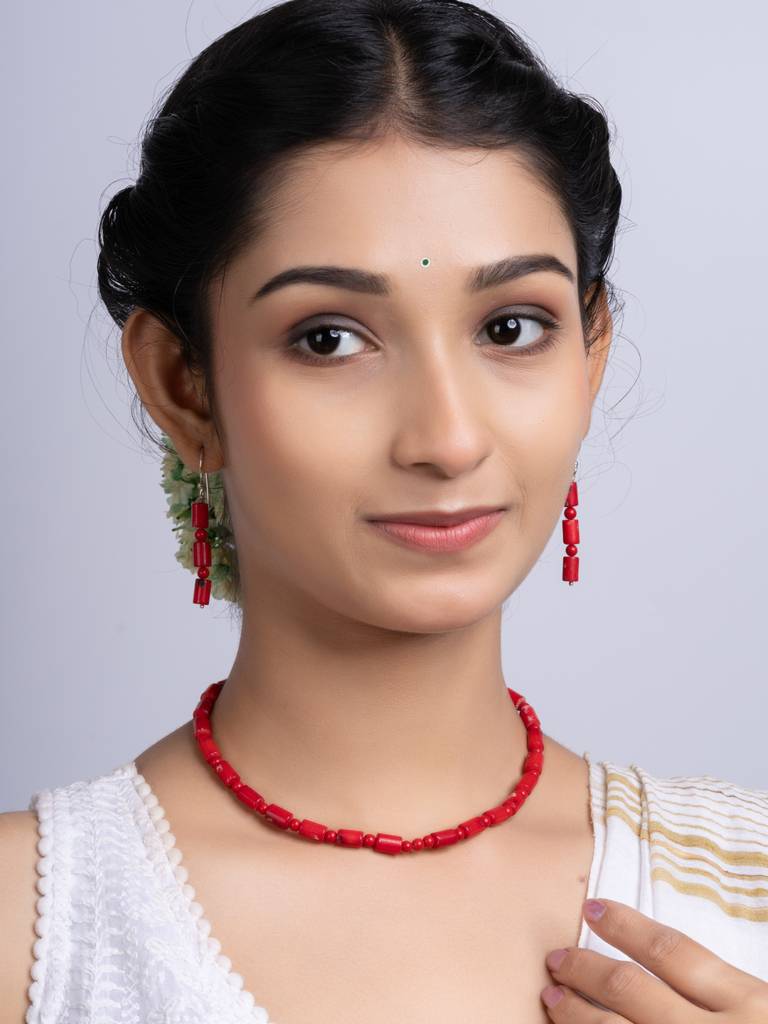 Semi Precious Red Coral Necklace Set : LAANP257