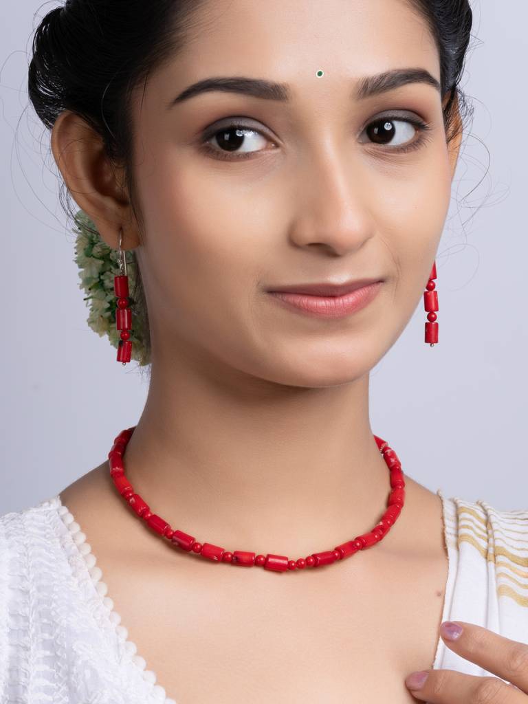 Semi Precious Red Coral Necklace Set : LAANP257