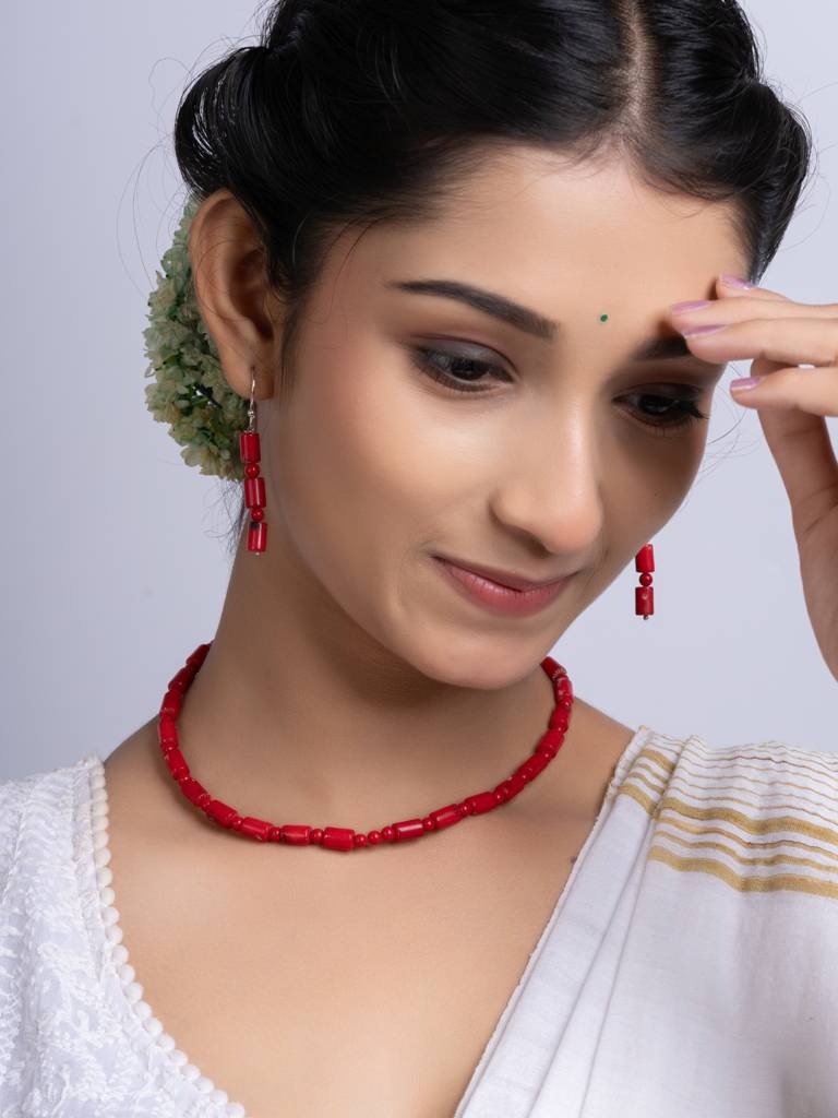 Semi Precious Red Coral Necklace Set : LAANP257