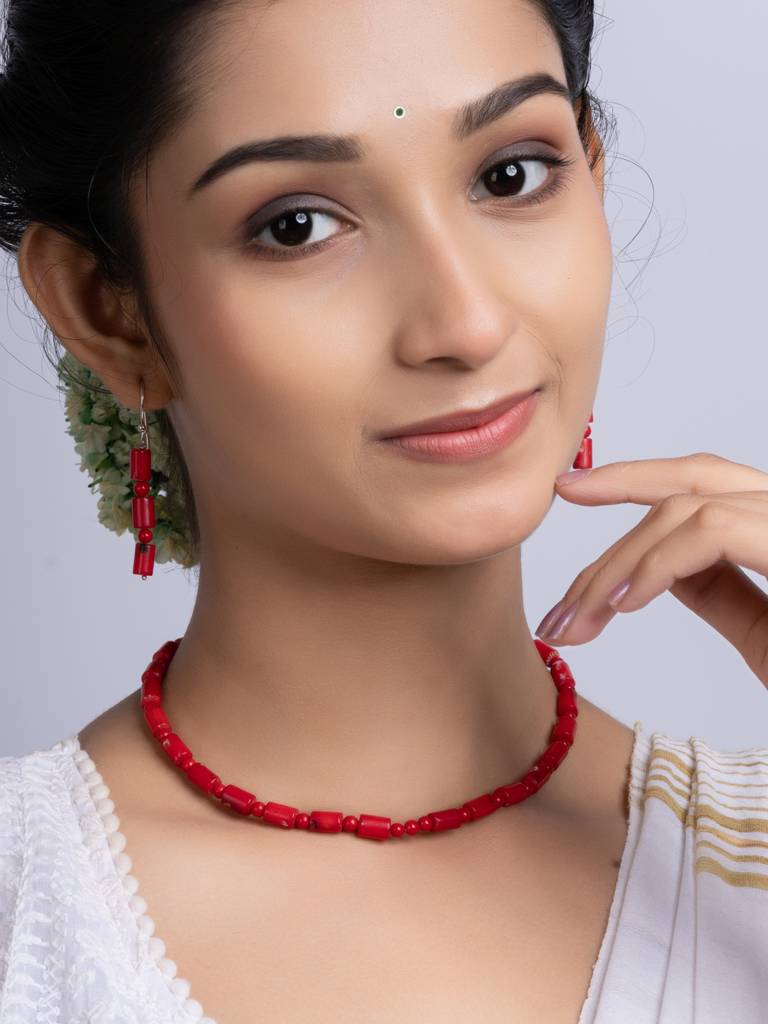 Semi Precious Red Coral Necklace Set : LAANP257
