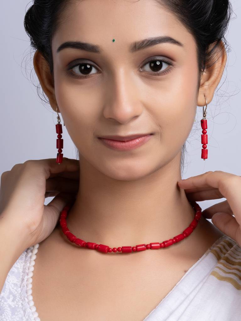 Semi Precious Red Coral Necklace Set : LAANP257