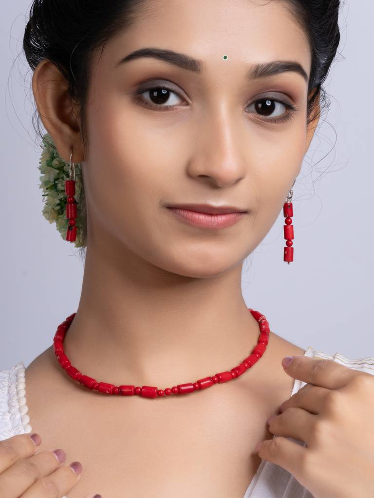 Semi Precious Red Coral Necklace Set : LAANP257