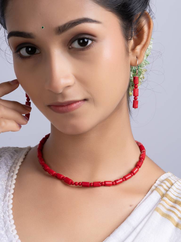 Semi Precious Red Coral Necklace Set : LAANP257