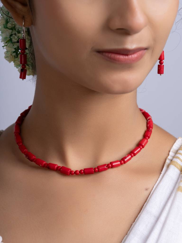 Semi Precious Red Coral Necklace Set : LAANP257