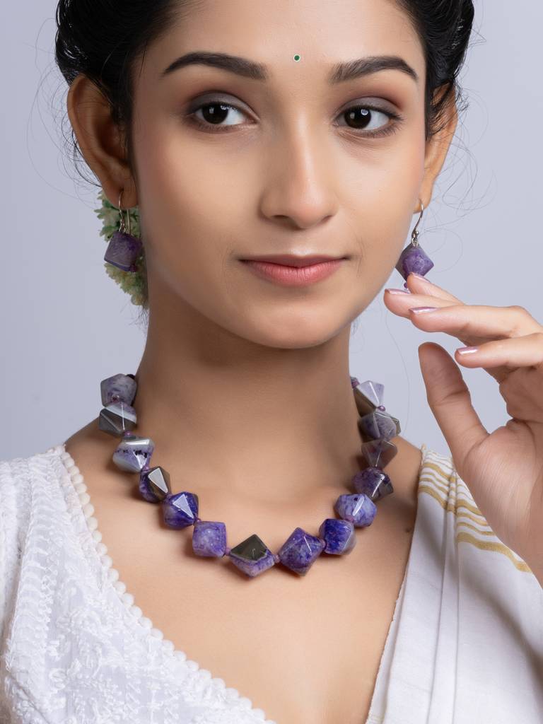 Semi Precious Purple Agate Quartz Necklace Set : LAANP258