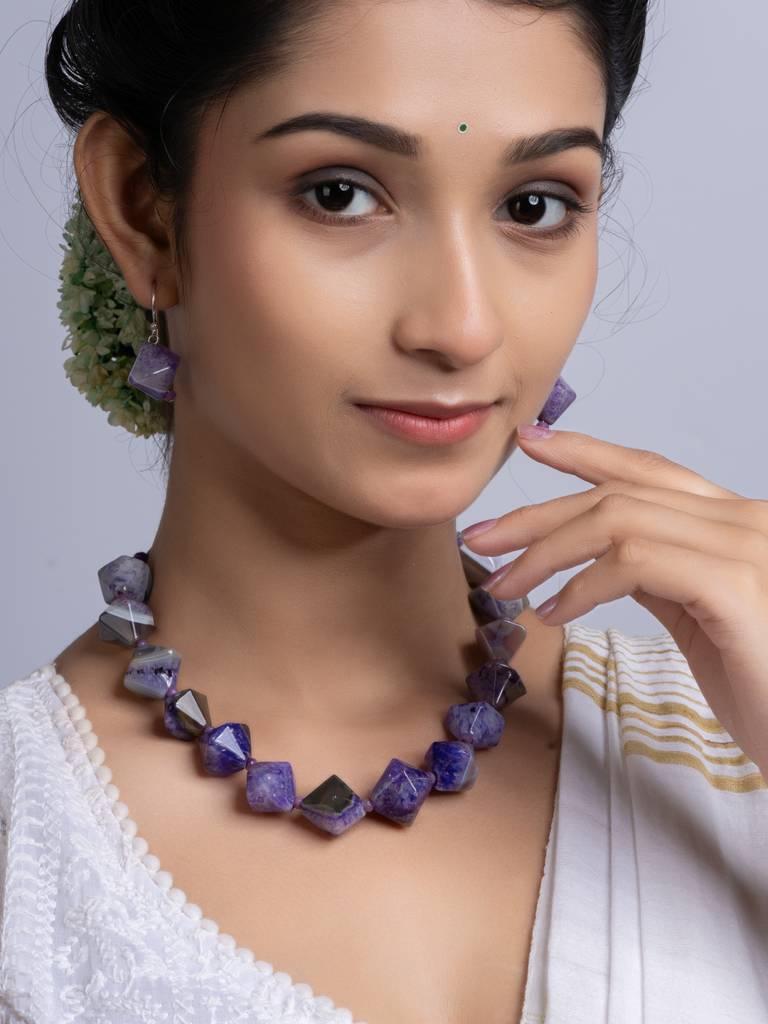 Semi Precious Purple Agate Quartz Necklace Set : LAANP258