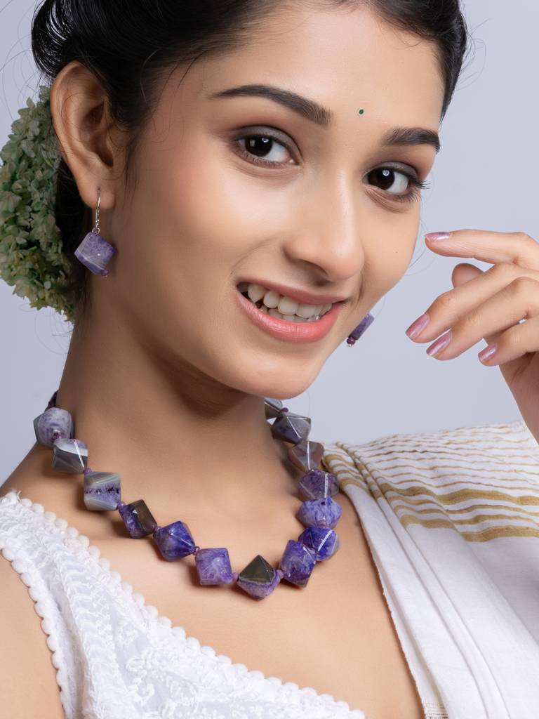 Semi Precious Purple Agate Quartz Necklace Set : LAANP258