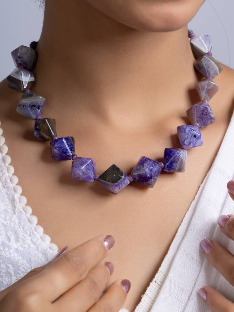 Semi Precious Purple Agate Quartz Necklace Set : LAANP258