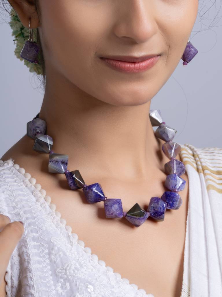 Semi Precious Purple Agate Quartz Necklace Set : LAANP258