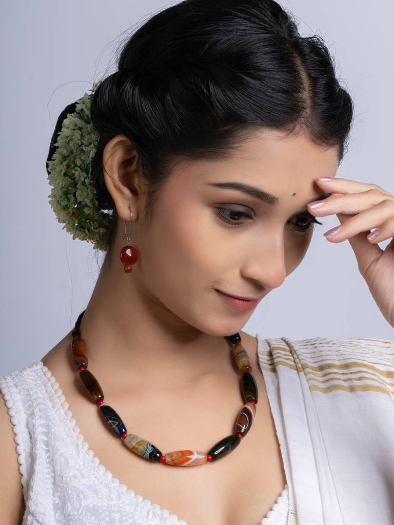 Semi Precious Black Brown Agate Coral Necklace Set : LAANP261