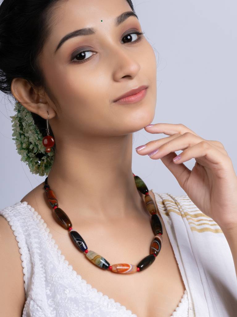 Semi Precious Black Brown Agate Coral Necklace Set : LAANP261