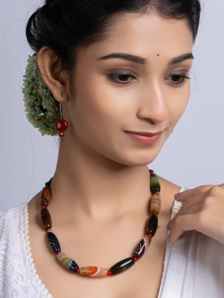 Semi Precious Black Brown Agate Coral Necklace Set : LAANP261