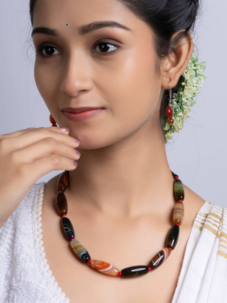 Semi Precious Black Brown Agate Coral Necklace Set : LAANP261
