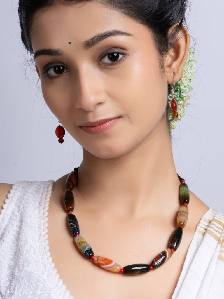 Semi Precious Black Brown Agate Coral Necklace Set : LAANP261