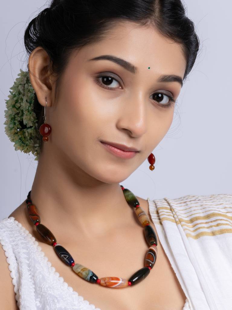 Semi Precious Black Brown Agate Coral Necklace Set : LAANP261