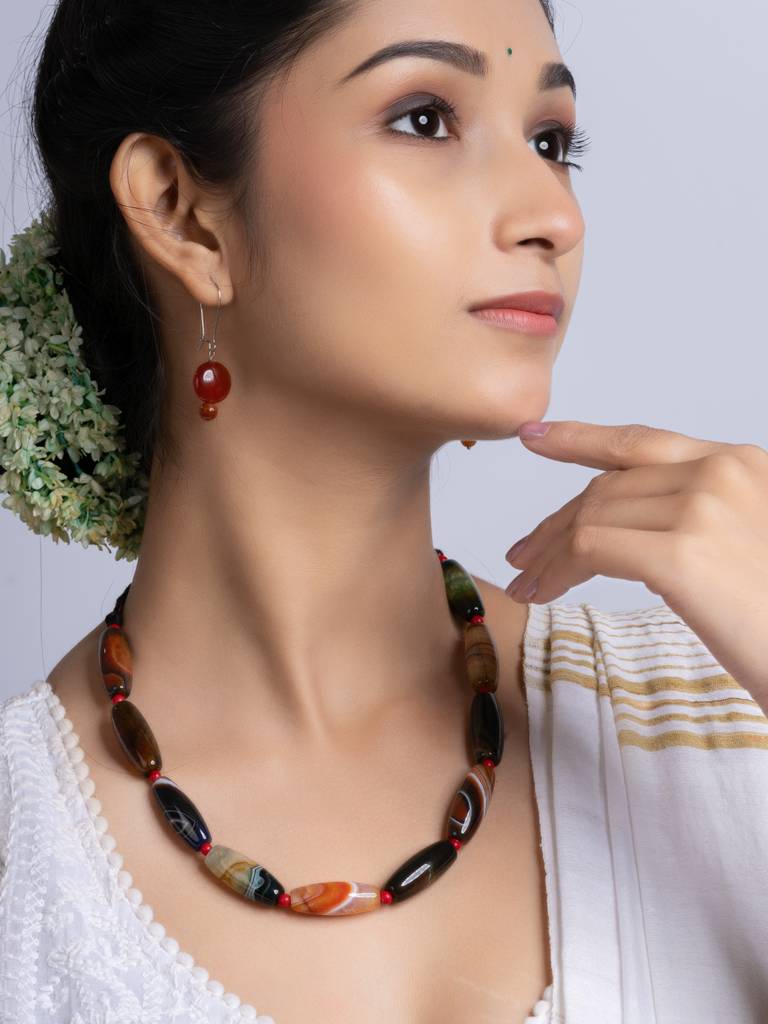 Semi Precious Black Brown Agate Coral Necklace Set : LAANP261