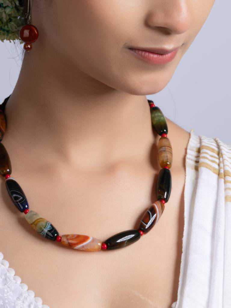 Semi Precious Black Brown Agate Coral Necklace Set : LAANP261