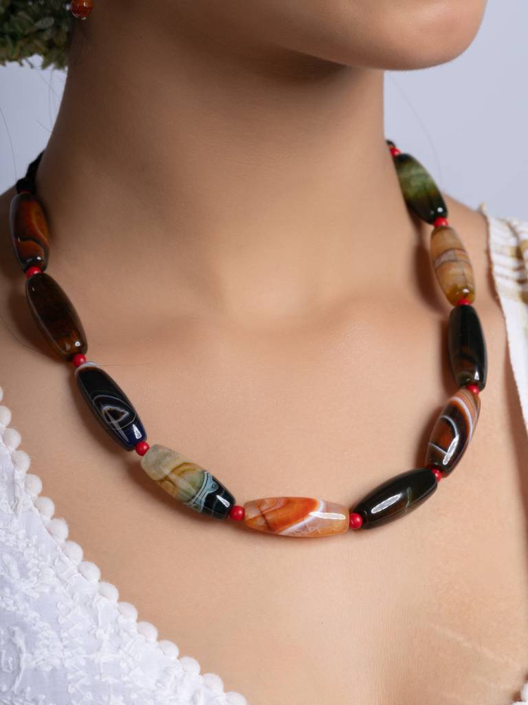 Semi Precious Black Brown Agate Coral Necklace Set : LAANP261