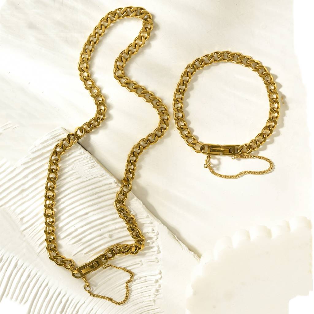 18K Gold Plated Waterproof Antitarnish Titanium Steel Cuban Chain Bracelet And Necklace Set : AFT0924NS046GC